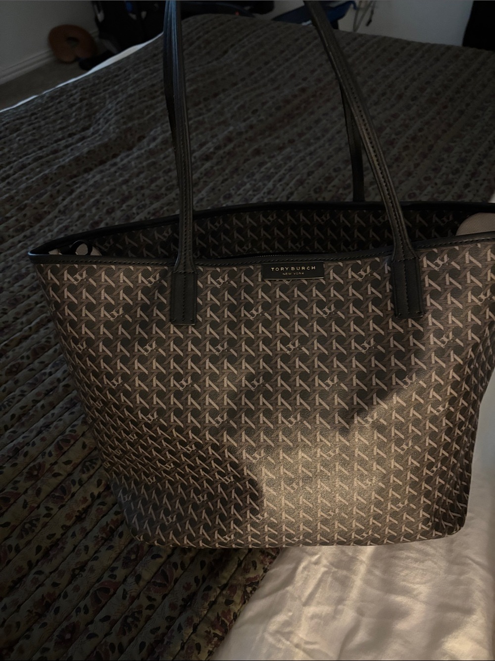 Tory Burch Dark Green/Black Logo Jacquard Tote